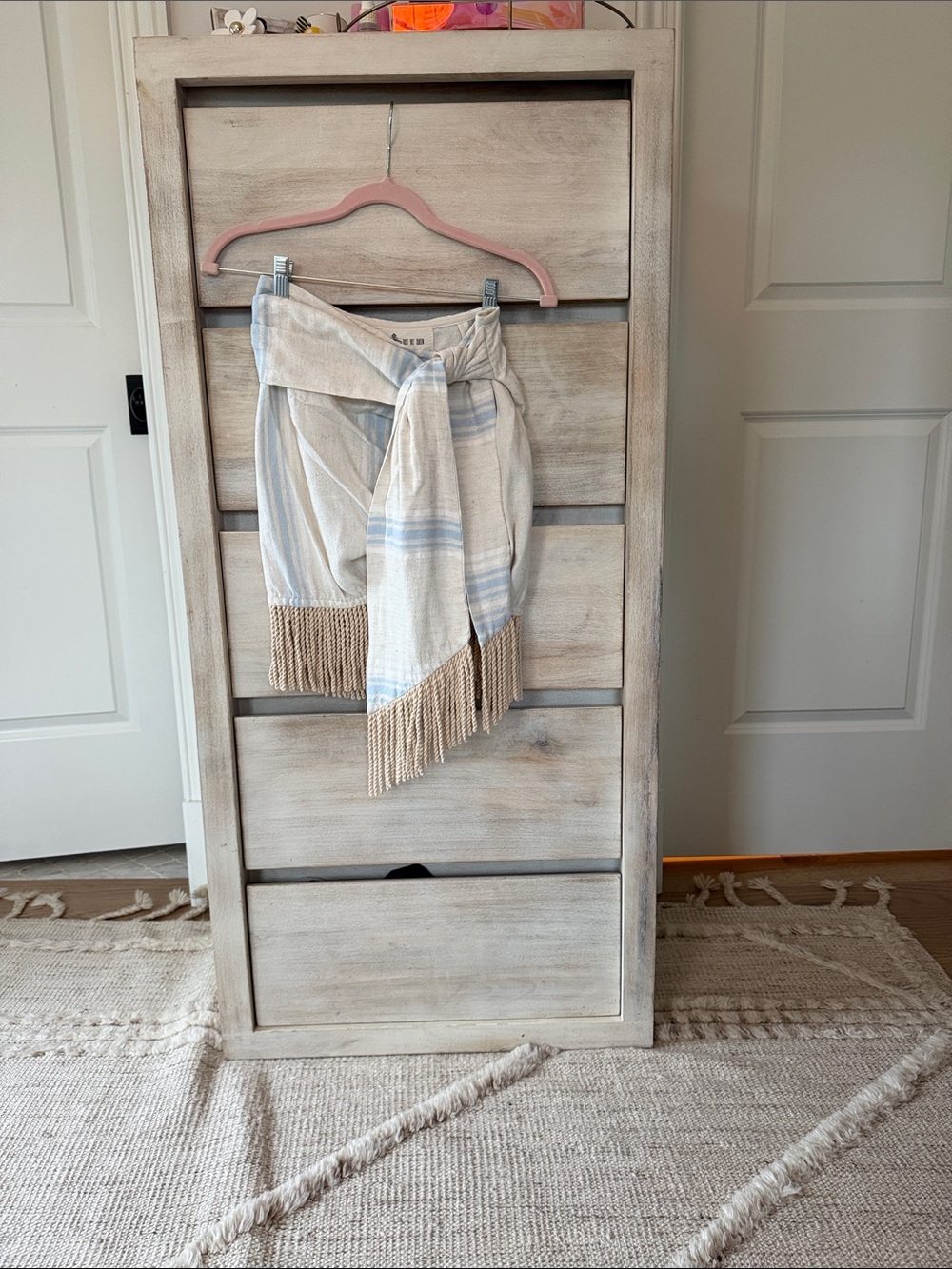 Striped Fringe Scarf Wrap in Light Blue and Cream